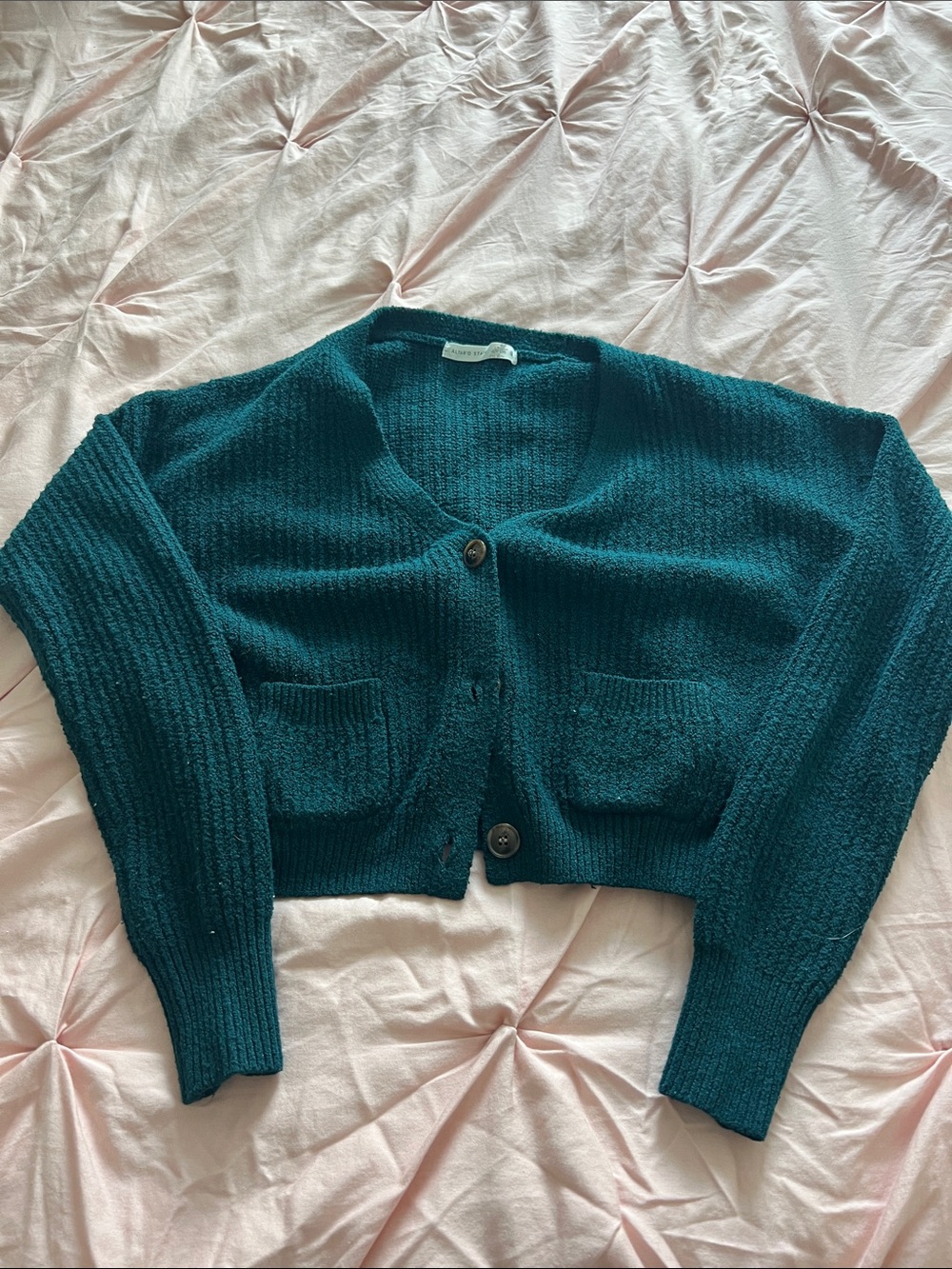 Altar'd State Teal Cropped Knit Button-Front Cardigan
